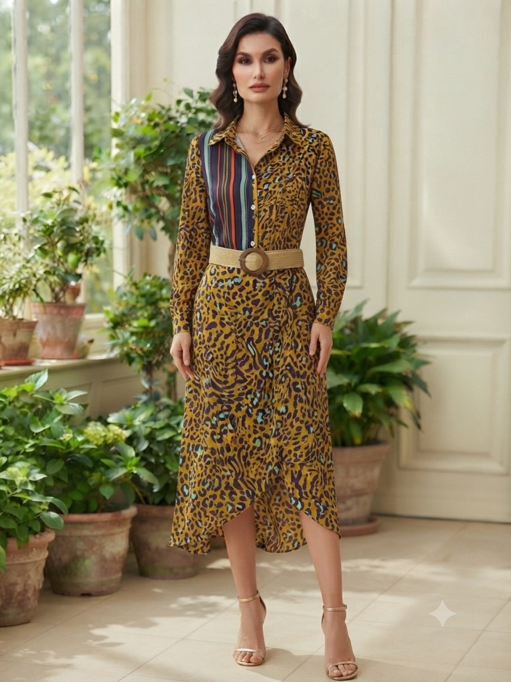 Peppermint Yellow Leopard Print Button-Up and Skirt Set with Multicolor Stripes